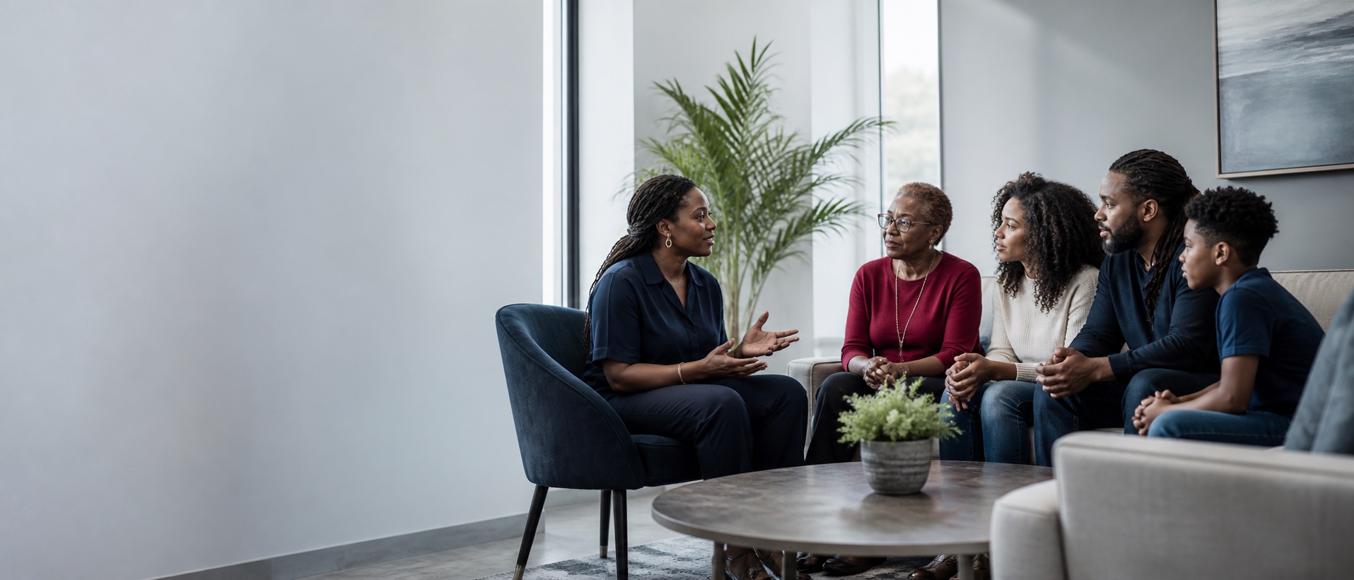A behavioral health clinician listening to a multigenerational family
