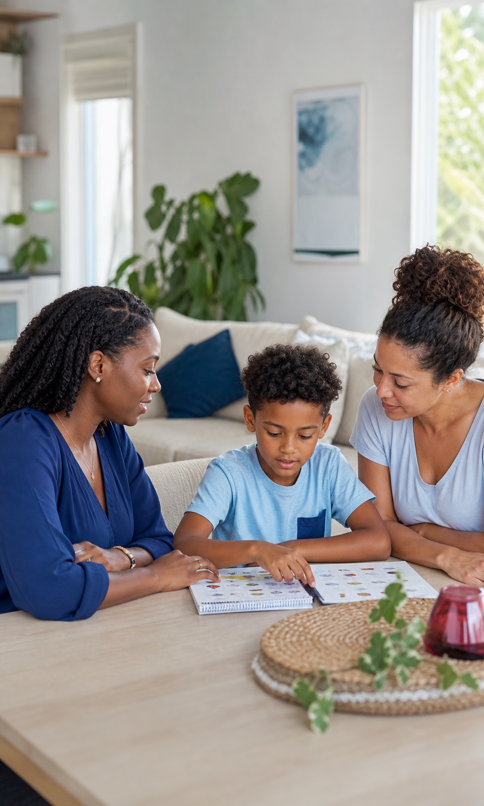 A behavioral health clinician supporting a child and parent during an in-home session
