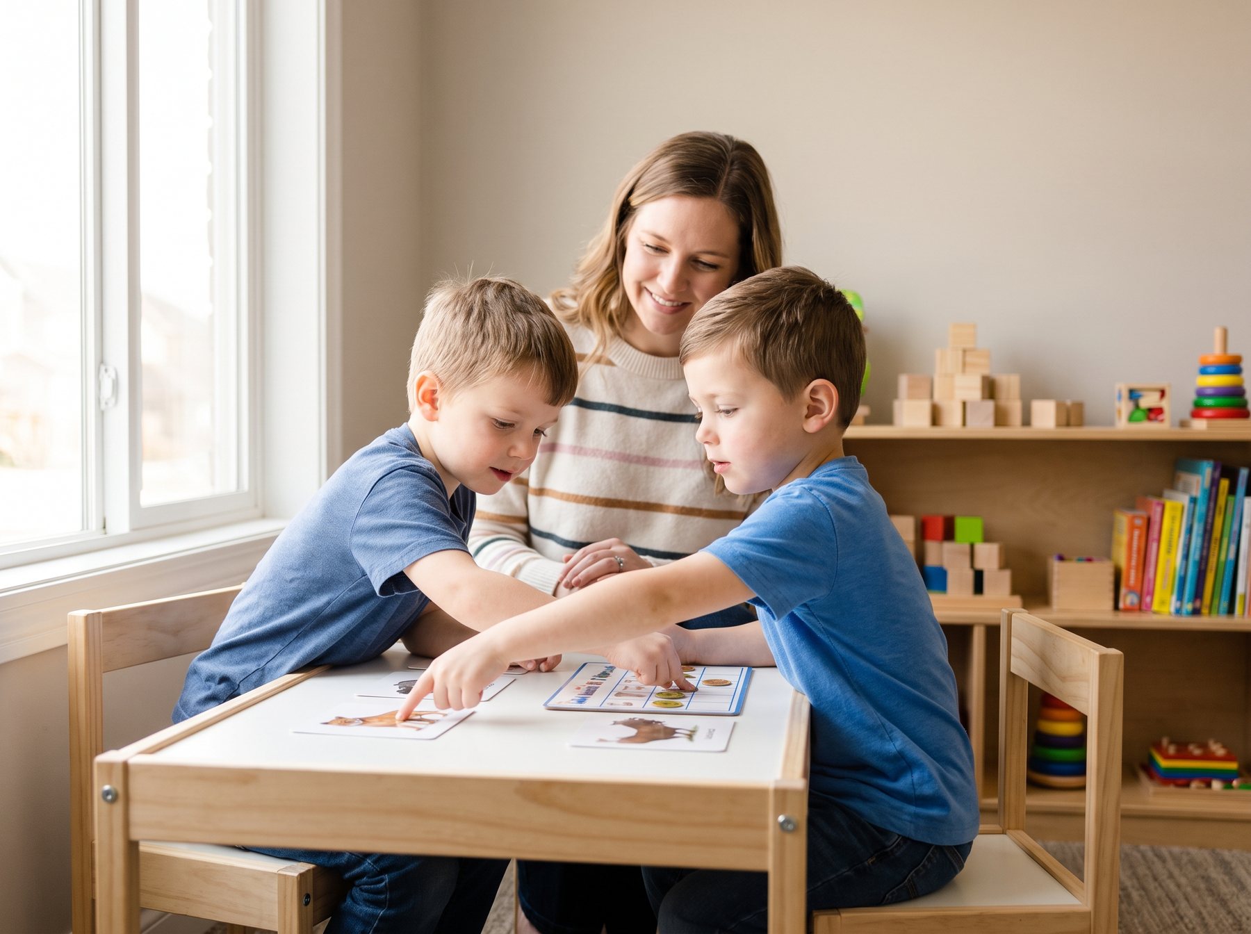 A behavior therapist working one on one with a child using picture cards at a small table