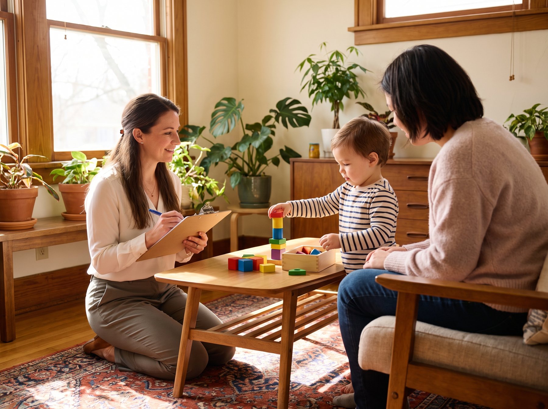 A clinician taking notes while a young child stacks blocks during a developmental evaluation