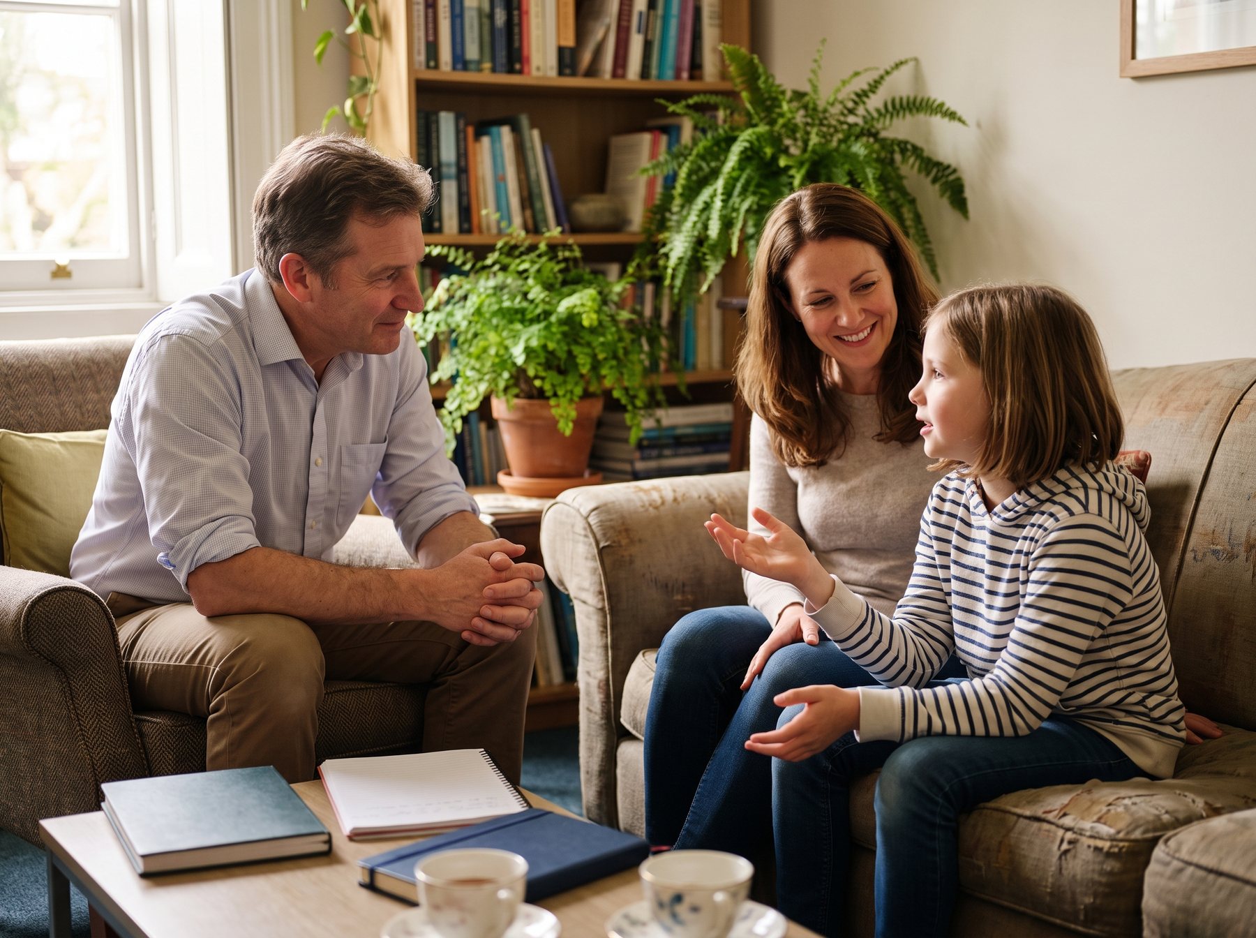 A clinician talking with a parent and child during a family counseling session